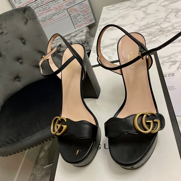 100% Authentic Gucci Black Calfskin GG Marmont Ankle Wrap Platform Sandals - Picture 7 of 12